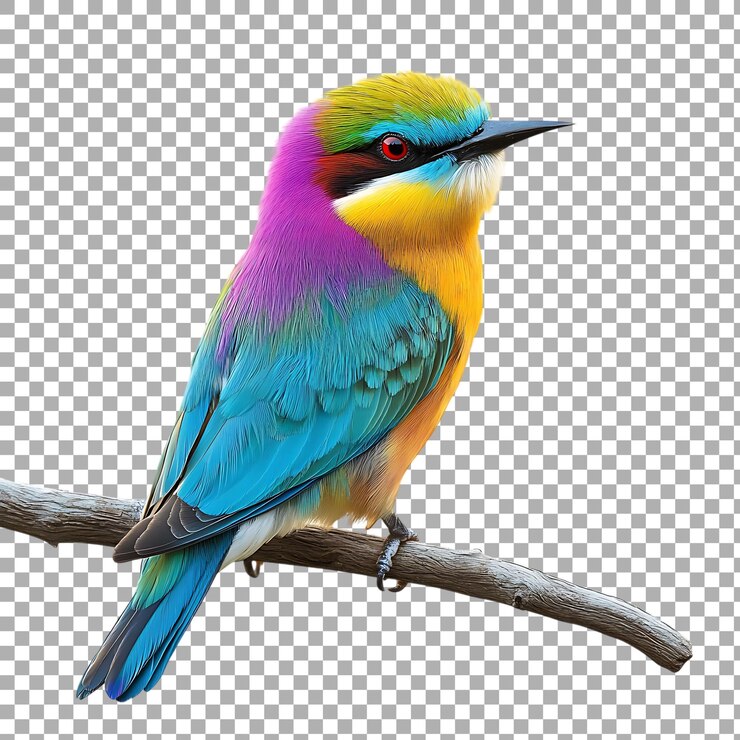 PSD png pájaro colorido encaramado en una rama contra un fondo transparente