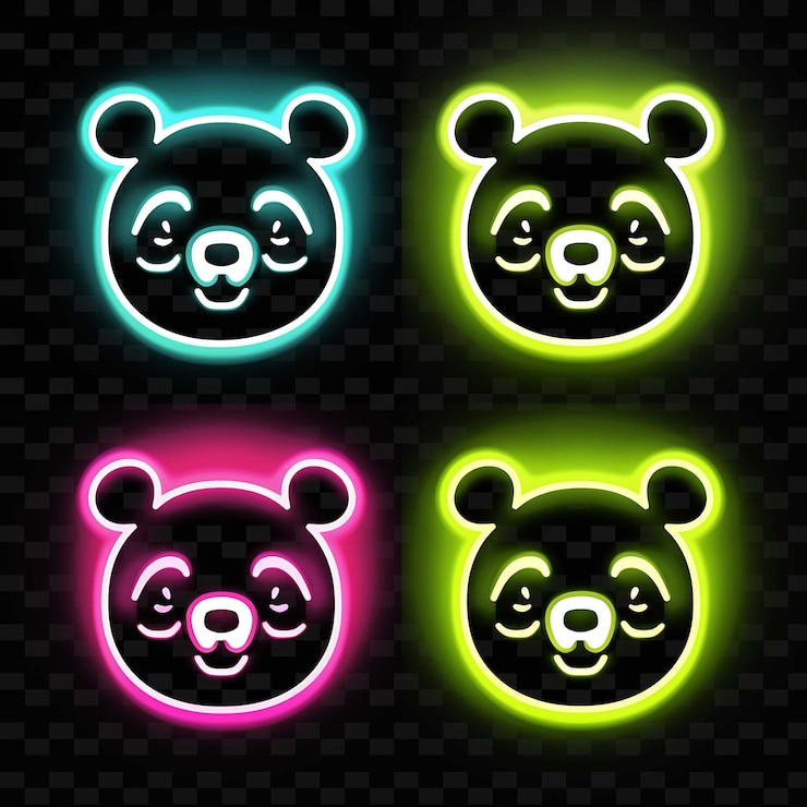PSD png panda face icon emoji con alegres tontos somnolientos y hambrientos ex líneas de neón y2k forma llamativa