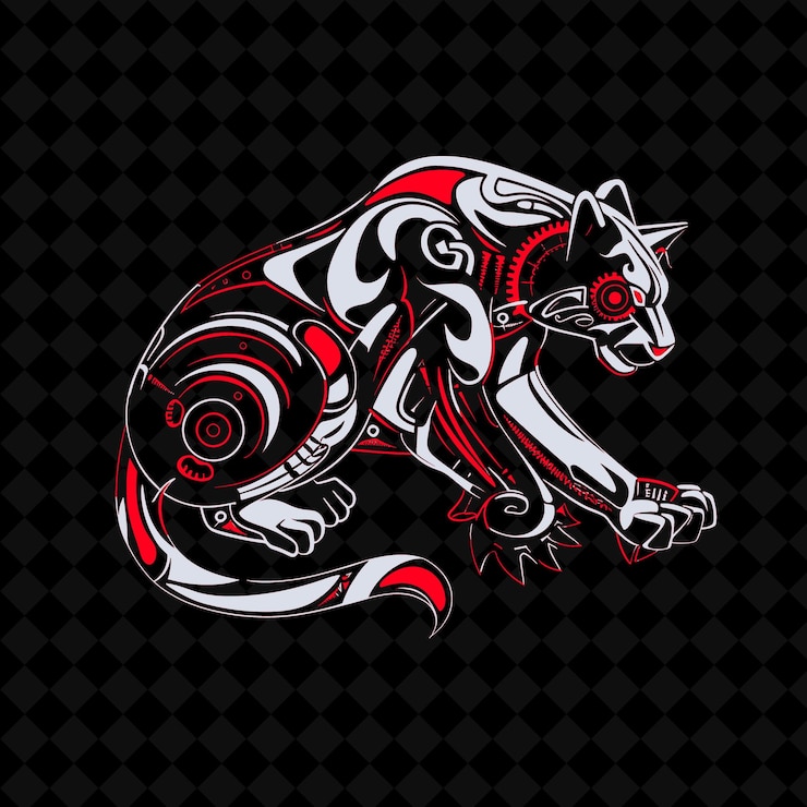 PSD png pantera furtiva com um corpo de relógio e um vetor de contorno de cauda mecânica de mascote animal