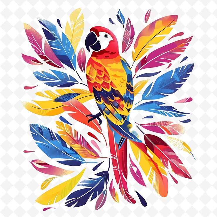 PSD png papagaio alegre con formas de plumas esparcidas como una ilustración plana tropical