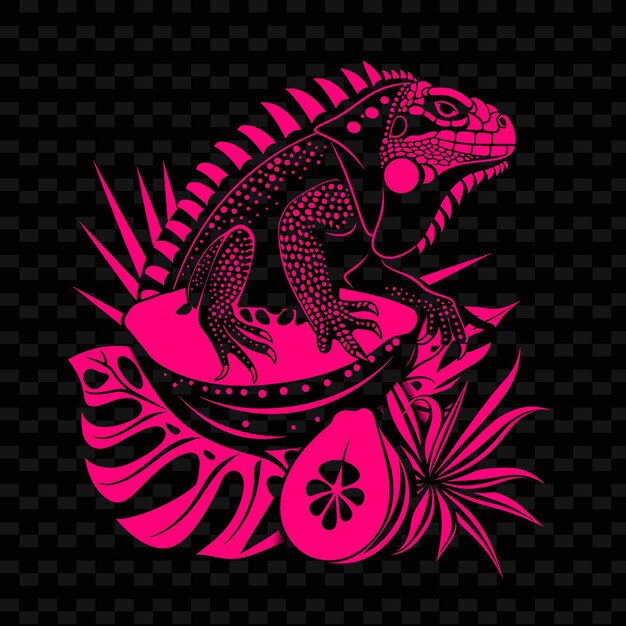 PSD png papaya com silhueta de iguana e design abstrato com contorno coreano de animais e folhas tropicais