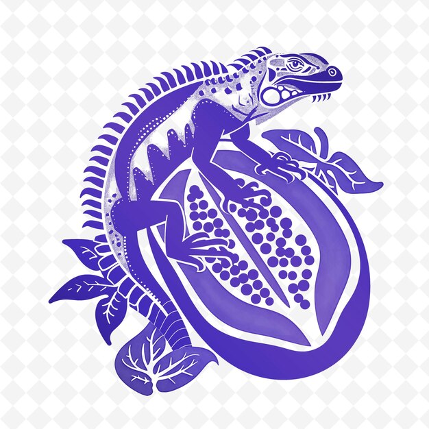 PSD png-papaya mit iguana-silhouette und abstraktem design mit koreanischem umriss, tier- und tropischen blättern