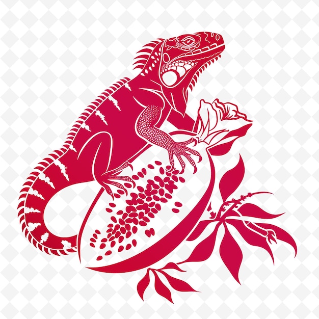 PSD png-papaya mit iguana-silhouette und abstraktem design mit koreanischem umriss, tier- und tropischen blättern