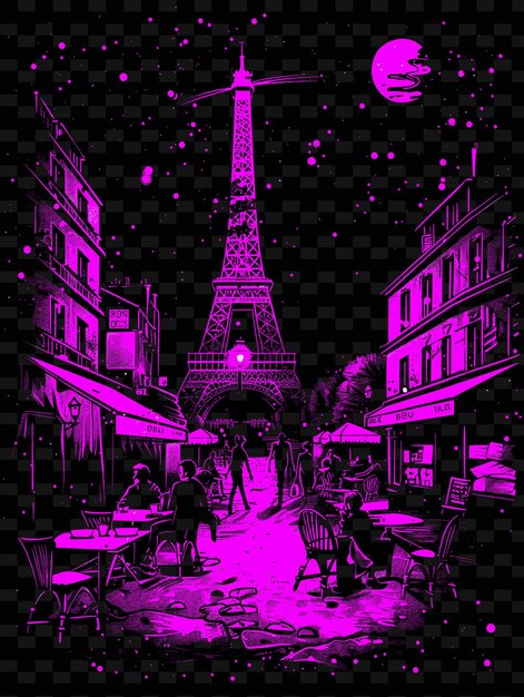 PSD png paris avec une scène de rue romantique et la tour eiffel cafés stre illustration citys scène décor artistique