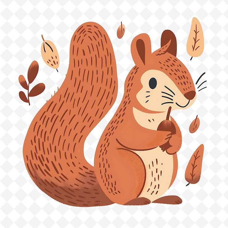 PSD png peppy squirrel with acorn shapes randomly placed playful bro flat illustration cute character