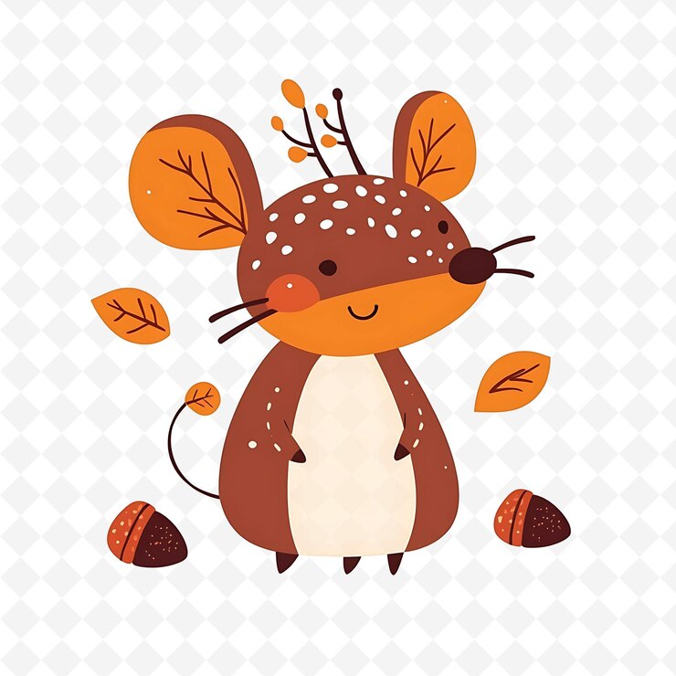 PSD png pequeño ratón ciervo con formas de bellota esparcidas alrededor de la ilustración plana de otoño carácter lindo