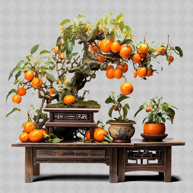 PSD png persimmon bonsai árbol olla de madera hojas brillantes abundancia con árboles transparentes diversos decoración