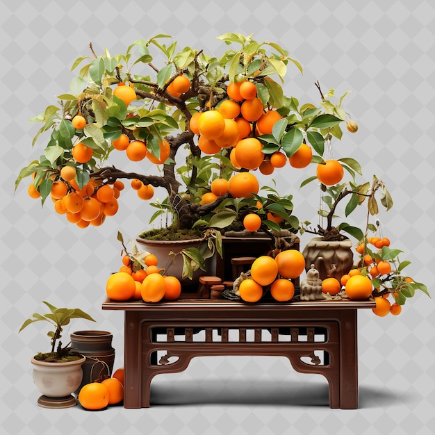 PSD png persimmon bonsai arbre pot en bois feuilles brillantes abondance avec des arbres transparents décor divers