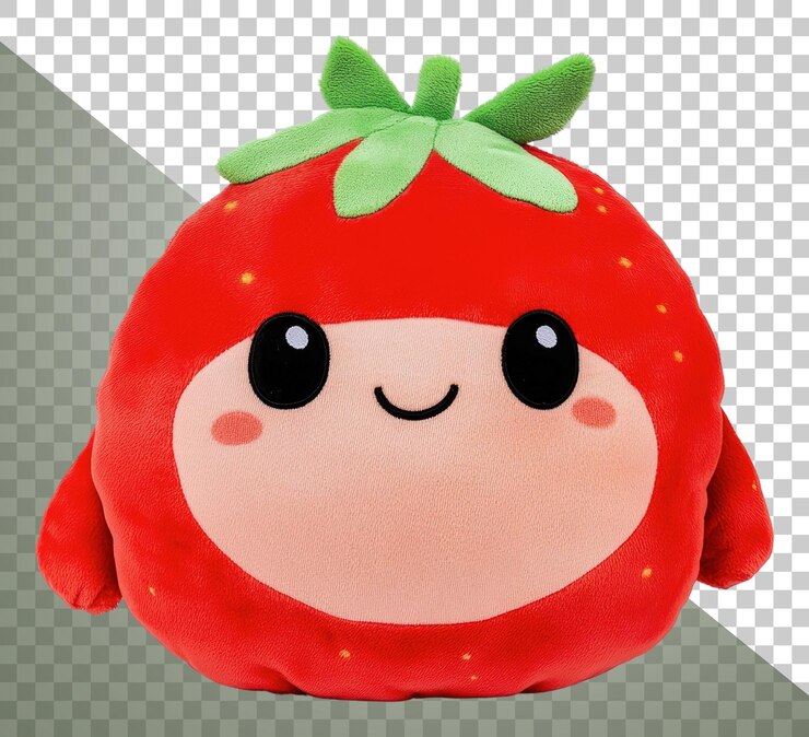PSD png personaje de fresa de peluche sonriente