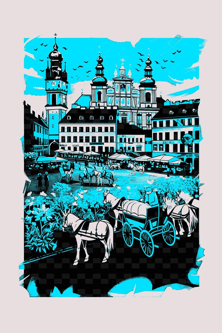 PSD png piazza principale del mercato di cracovia con scena di strada storica illustrazione di stoffa decorazione artistica della scena della città