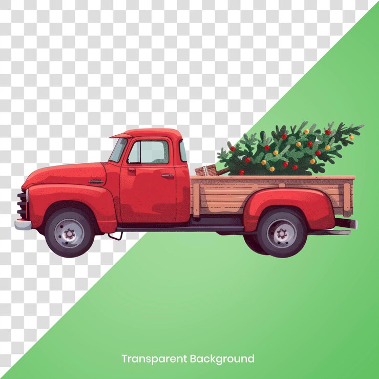PSD png pick up truck com árvore de natal transporte veículo de decoração