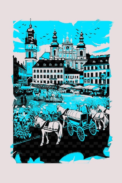 PSD png place principale du marché de cracovie avec scène de rue historique illustration de tissu décor d'art de scène de la ville