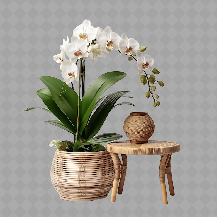 PSD png una planta de orquídea en una olla de bambú en una mesa lateral de ratán con árbol interior en un fondo limpio