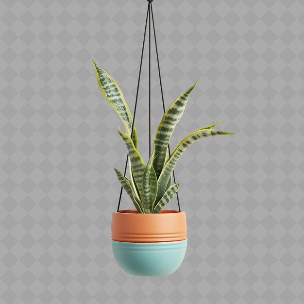 PSD png una planta de serpiente en una olla colgante de terracota con un árbol interior colorido en un fondo limpio