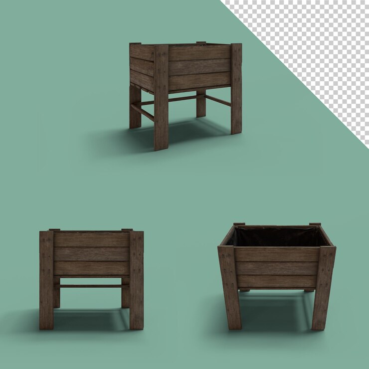 PSD png planter box with transparent shadown with 4 different possitions 3d isolated wooden planter box