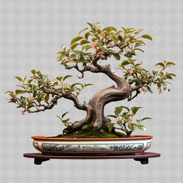 PSD png plum bonsai árbol pot de cerámica con hojas dentadas perseverancia co decoración de árboles diversos transparentes