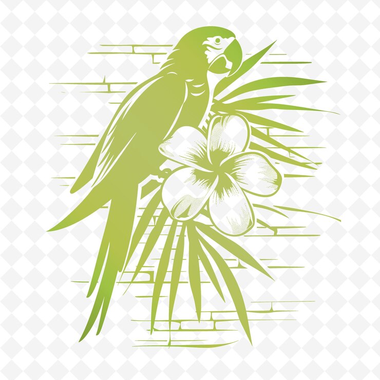 PSD png plumeria con silueta de guacamayo y diseño abstracto con contorno de ladrillo de animales y hojas tropicales