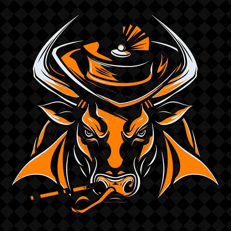 PSD png poderoso touro com um chapéu de matador e uma capela desenhada com um vector de contorno de animal mascote