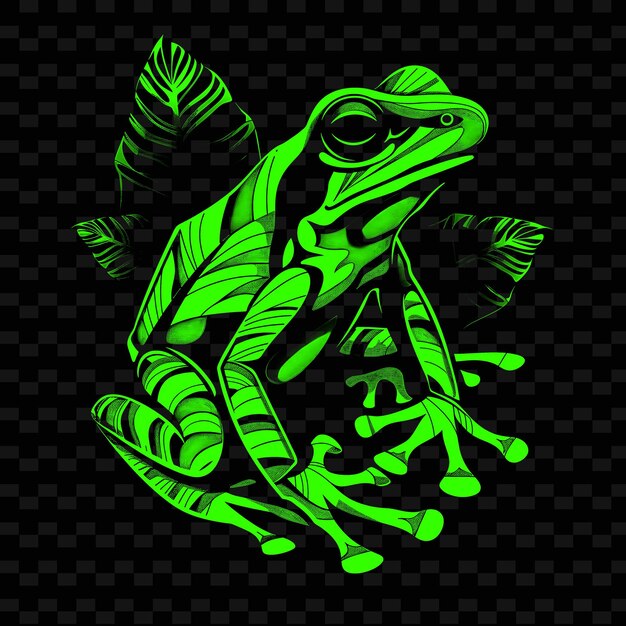 PSD png poison dart frog com veias de folha de banana e simplificar o esboço do design de animais e folhas tropicais