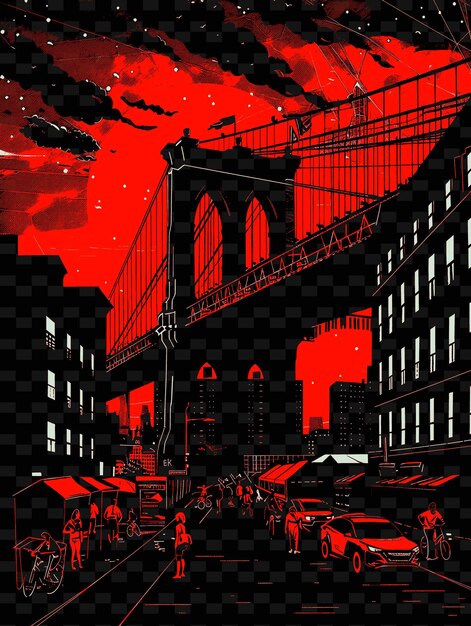 PSD png pont de brooklyn avec scène de rue iconique et pont suspendu illustration scène de la ville décor artistique
