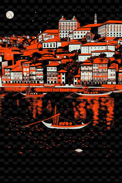 PSD png portos distrito de ribeira con encantadora escena callejera douro riv ilustración de las ciudades escena decoración artística