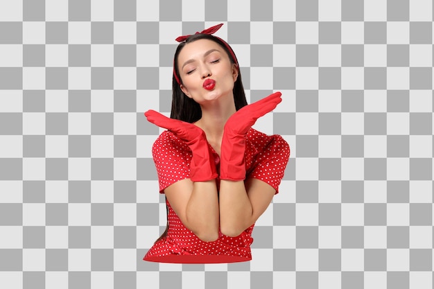 PNG-Poster Collage-Mädchen im Retrostil, das einen Kuss auf weißem Hintergrund schickt