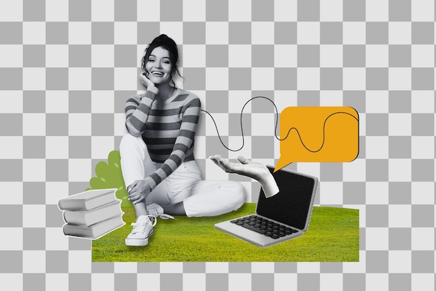 PNG-Poster Collage Mädchen sitzt auf dem Gras mit Laptop-Büchern und Hand isoliert auf weißem Hintergrund