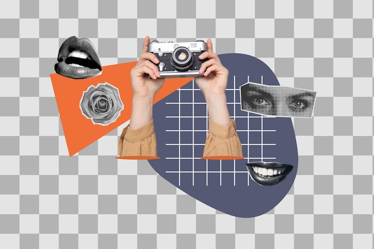 PSD png poster collaje cámara vintage en manos aisladas sobre fondo blanco