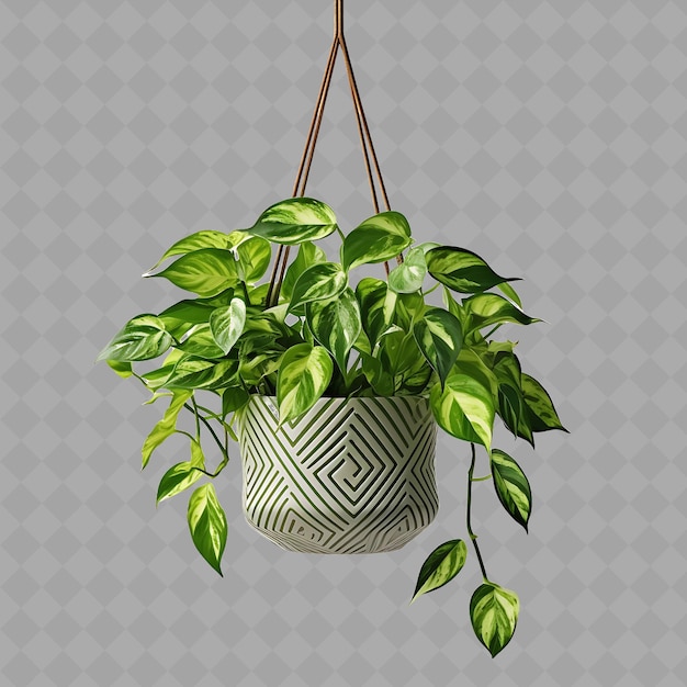 PSD png pothos vines em selva de cerâmica desenho geométrico hanging pot interior árvore em fundo limpo