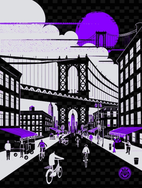 PSD png puente de brooklyn con icónica escena de la calle y puente colgante ilustración escena de la ciudad decoración artística