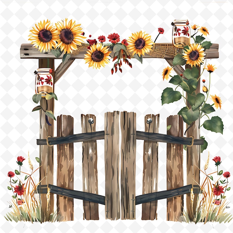 PSD png puerta rústica con decoraciones de bodas de la granja la puerta está adornada diseños de arte abstracto creativos