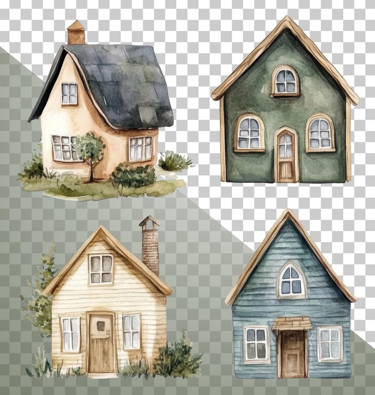 PSD png quatro lindas casas de aquarela em paz