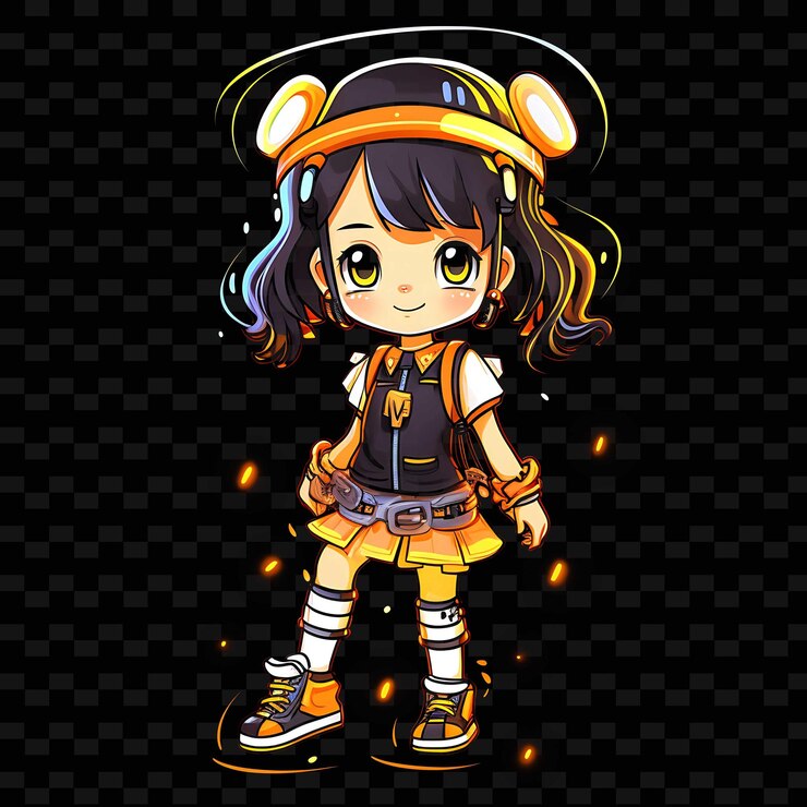 PSD png radiant rhythms melepaskan kreativitas dengan karakter anime stiker melalui garis neon
