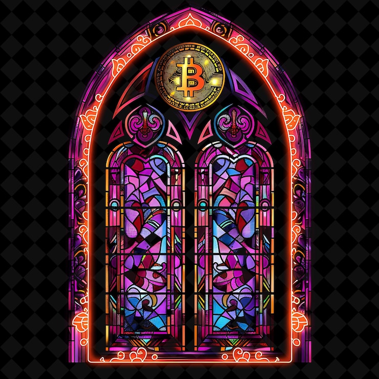 PSD png radiant stained glass frame design com bitcoin e stained y2k neon shape em fundo escuro