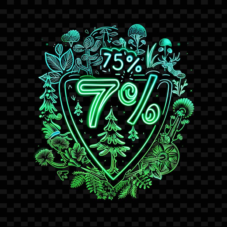 PSD png radiante neón resplandor de 75 texto con un bosque de neón verde idea de decoración única