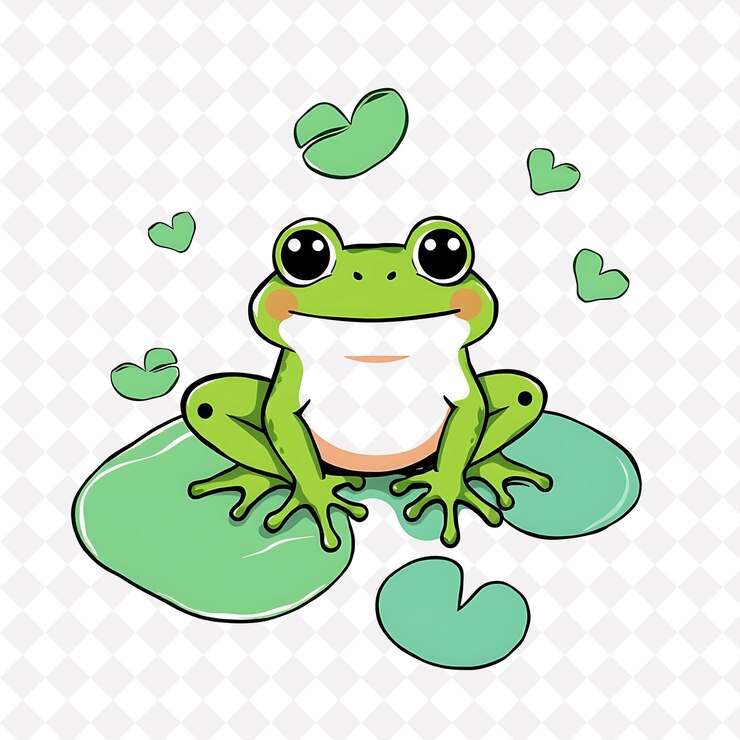 PSD png rana exaltada con formas de lirio flotando alrededor de verde exuberante y color fresco diseño animal lindo
