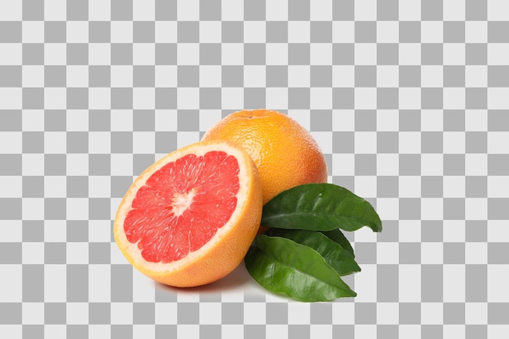 PSD png reife geschnittene und ganze grapefruits und blätter, isoliert auf weißem hintergrund