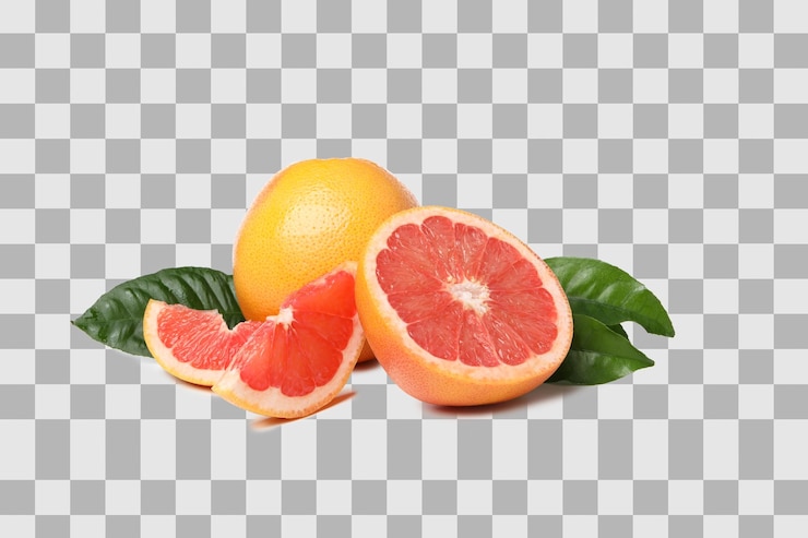 PSD png reife geschnittene und ganze grapefruits und blätter, isoliert auf weißem hintergrund