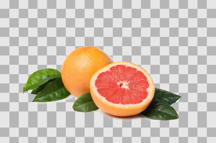 PSD png reife geschnittene und ganze grapefruits und blätter, isoliert auf weißem hintergrund
