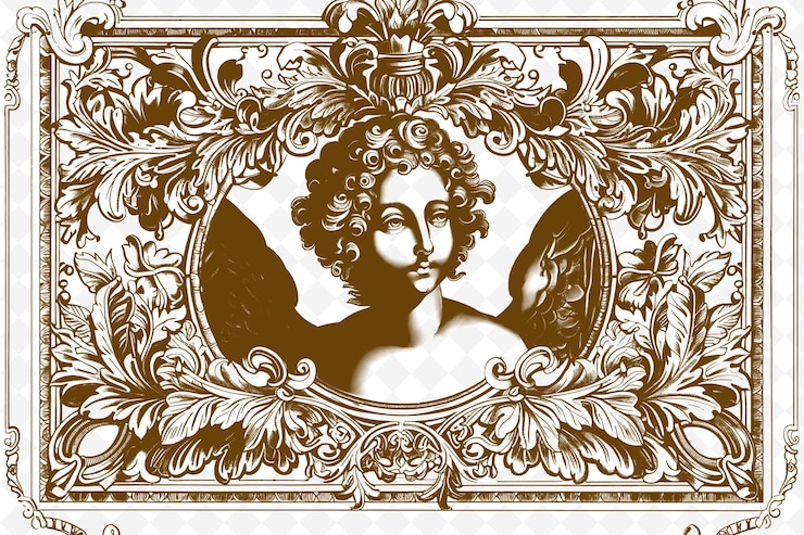 PSD png renascimento ramo de retrato arte com anjo e floral decoração ilustração ramo de arte decorativa
