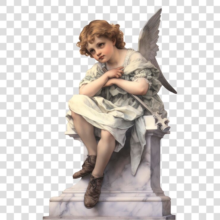 PSD png un retrato de un niño con calzado de ángel sentado