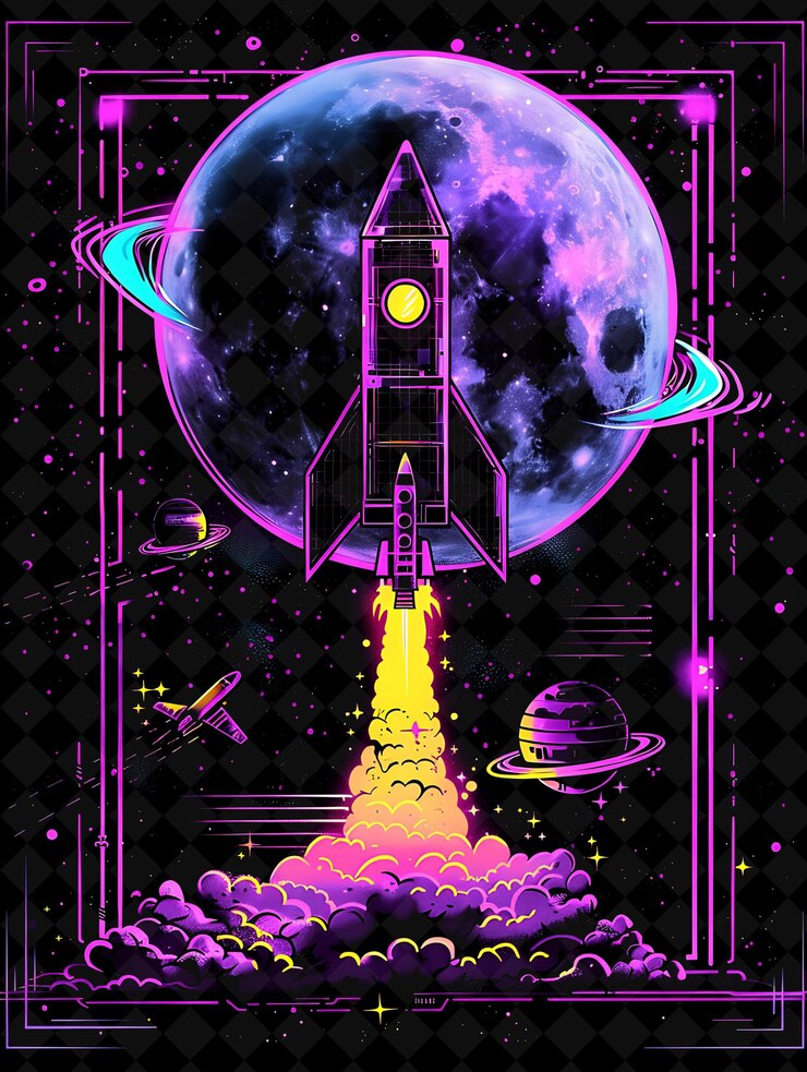 PSD png retro arcade frame que rodea dogecoin con lunas pixeladas y2k forma de neón en fondo oscuro