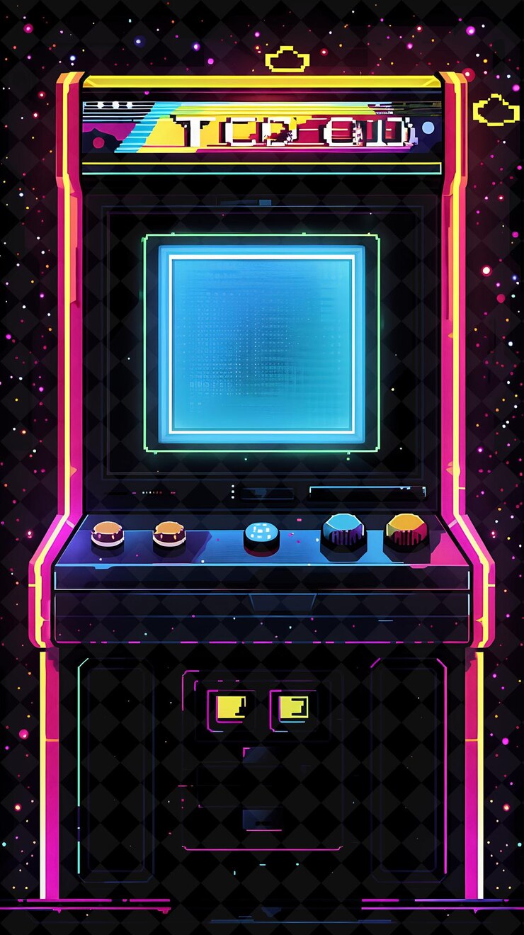 PSD png retro arcade frame con tezos símbolo pixel art personajes una forma de neón y2k en fondo oscuro