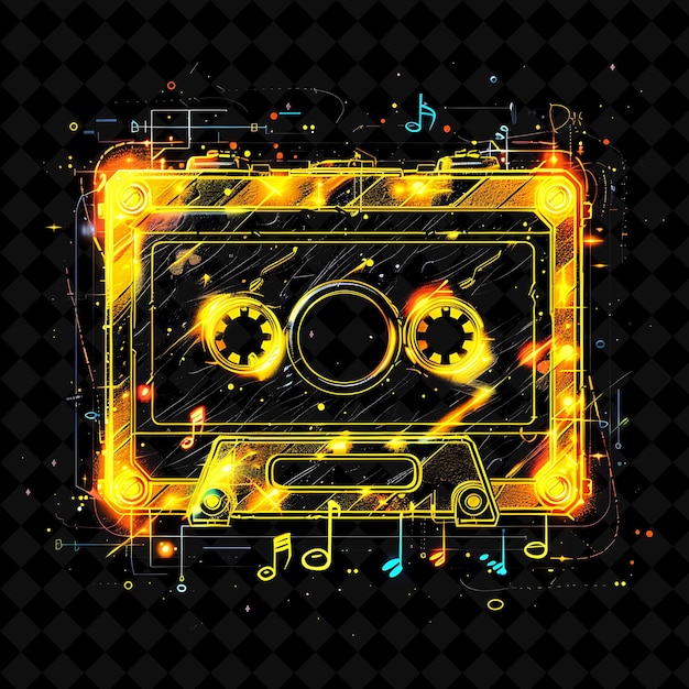 Png Retro Cassette Tape Frame Encasing Dash con note musicali e Y2K Neon Shape su sfondo scuro