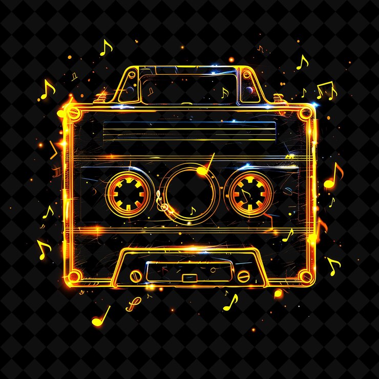 PSD png retro cassette tape frame encasing dash con notas musicales y forma de neón y2k en fondo oscuro