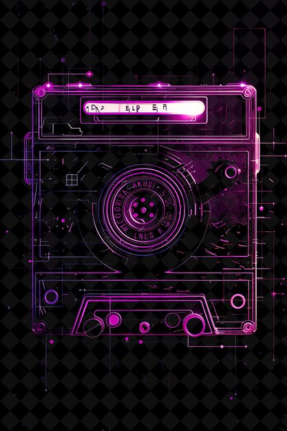 Png Retro Cassette Tape Frame con el logotipo de Elrond Cassette graba una forma de neón Y2K en un fondo oscuro