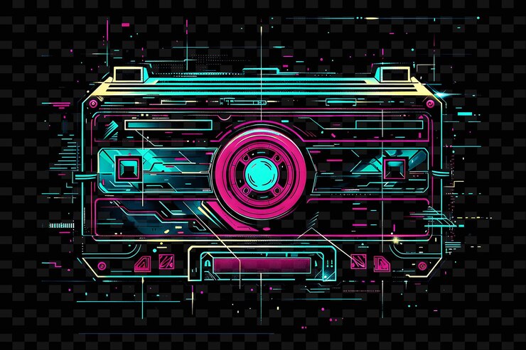 PSD png retro cinta adhesiva con diseños de arte de píxeles y efectos de glitch creativo neón y2k forma decorativaj