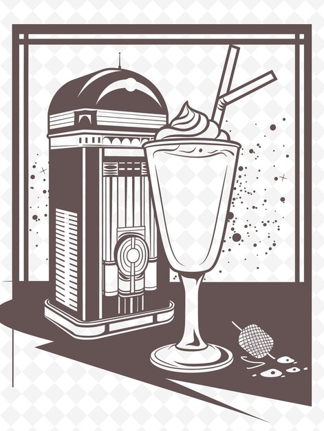 PSD png retro diner arte del marco con decoraciones de batido y jukebox ilustración arte del marco decorativo