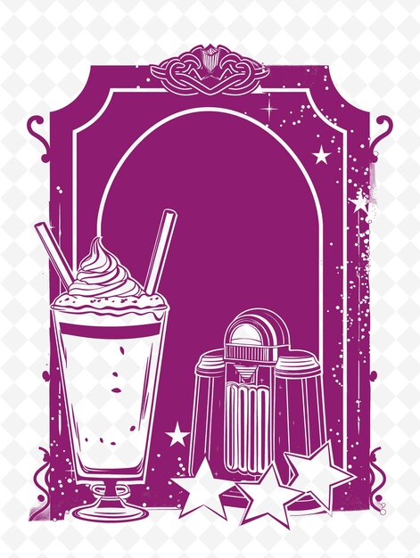 PSD png retro diner arte del marco con decoraciones de batido y jukebox ilustración arte del marco decorativo