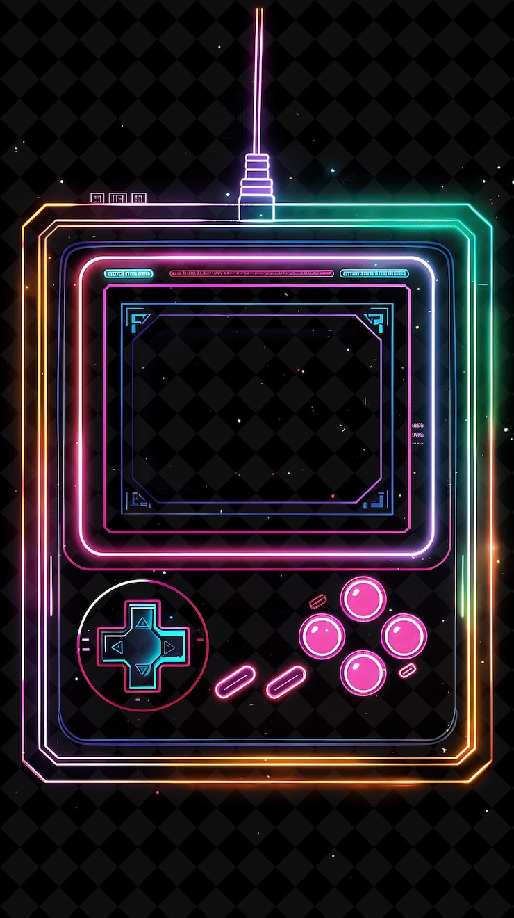PSD png retro joystick frame com ontology logo retro joysticks e y2k neon shape em fundo escuro